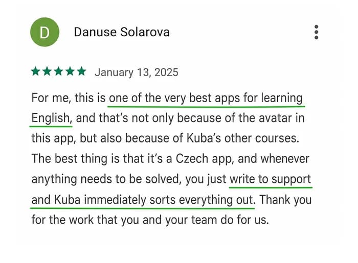 5★ review of the Kuba English app from Google Play