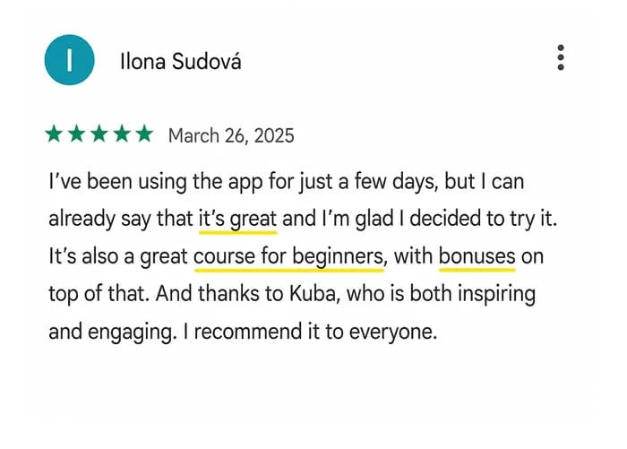 5★ review of the Kuba English app from Google Play
