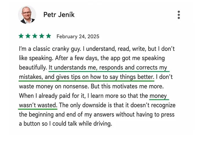 5★ review of the Kuba English app from Google Play