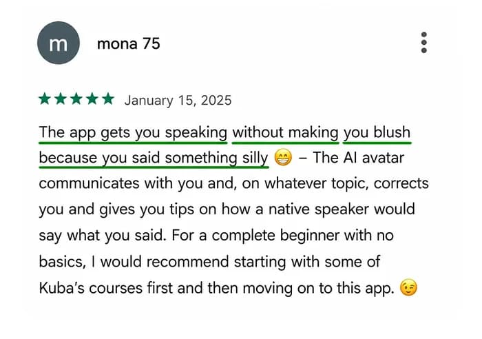 5★ review of the Kuba English app from Google Play