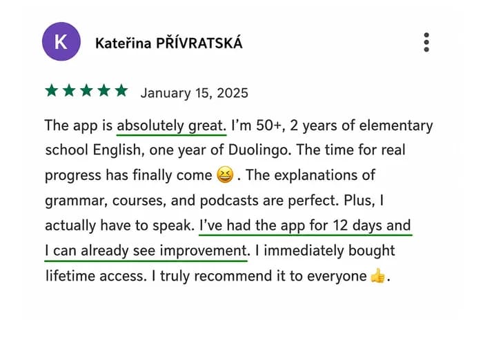 5★ review of the Kuba English app from Google Play