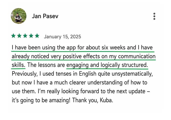 5★ review of the Kuba English app from Google Play